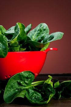a bunch of spinach on a red colander
