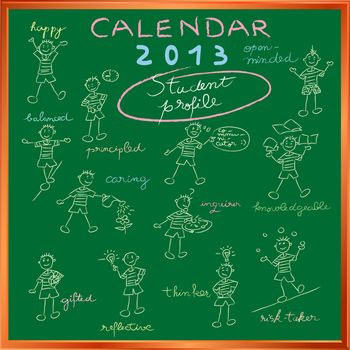2012 calendar on a chalkboard with the student profile for international schools, cover design
