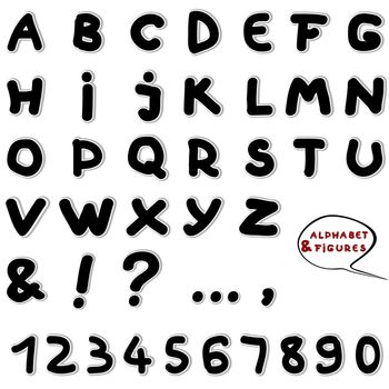 alphabet and figures for comics books isolated on white