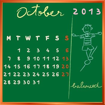 2013 calendar on a chalkboard, october design with the balanced student profile for international schools