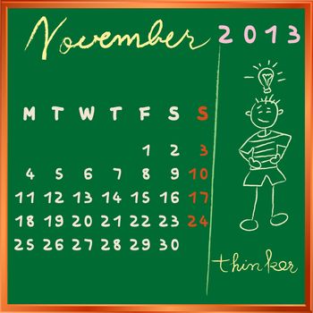 2013 calendar on a chalkboard, november design with the thinker student profile for international schools