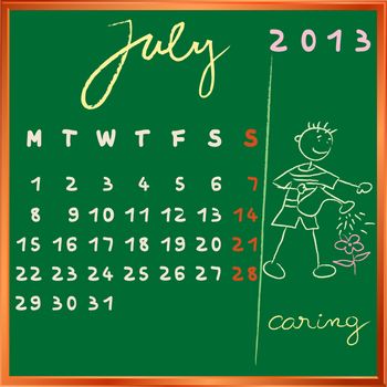 2013 calendar on a chalkboard, july design with the caring student profile for international schools