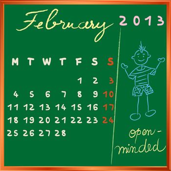 2013 calendar on a chalkboard, february design with the open minded student profile for international schools