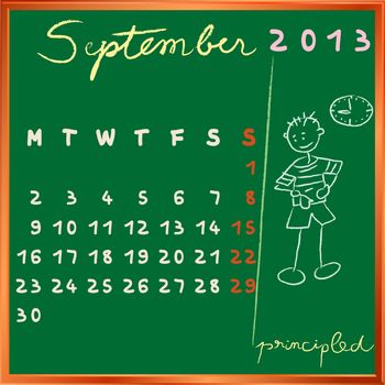 2013 calendar on a chalkboard, september design with the principled student profile for international schools