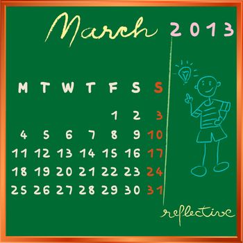 2013 calendar on a chalkboard, march design with the reflective student profile for international schools