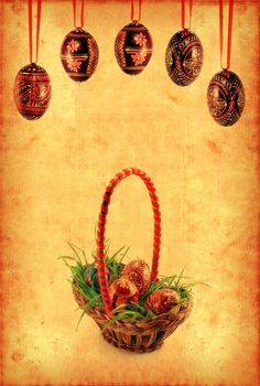 Grunge wallpaper with Easter basket and eggs 