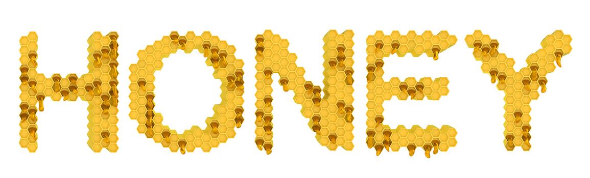 Honey and sweet food: yellow honeycomb letters over white