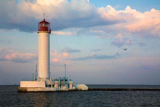 Lighthouse over blue sky background with flying seagulls 