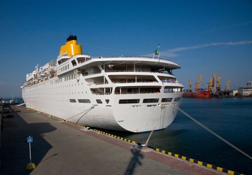 White cruise ship in the port 