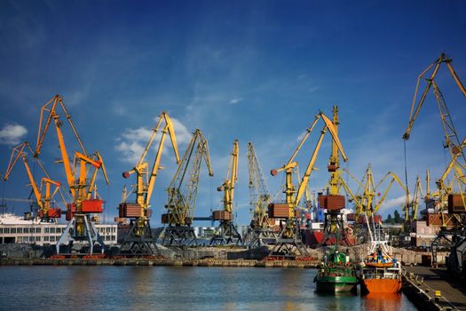 Harbor cranes over blue sky background 