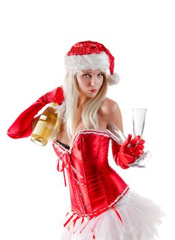 Mrs. Santa with champagne bottle and glasses, isolated on white background 