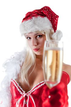 Mrs. Santa stretching champagne glass, focus on face, isolated on white background