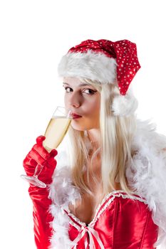 Mrs. Santa Claus with champagne bottle and glasses, isolated on white background 