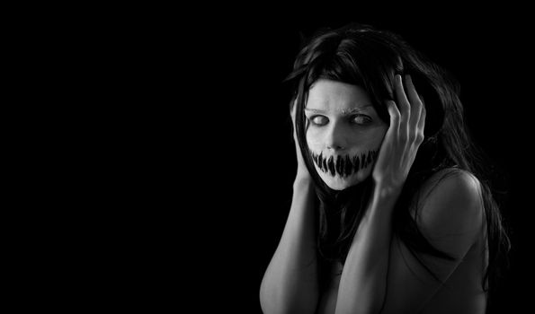 Halloween girl with scary mouth, extreme body-art 