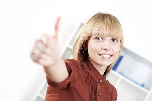 portrait of a beautiful woman, thumb up