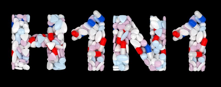 H1N1: pills and drugs shape isolated over black background