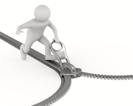 Zipper and man on white background. Isolated 3D image
