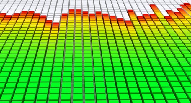 Concept of colorful graphic equalizer display as used in music mixing or monitoring devices. Rendered in perspective view with typical color scheme of green, yellow and red color blending.