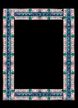 Stained glass frame with floral colored motifs on borders isolated on black (with clipping path)