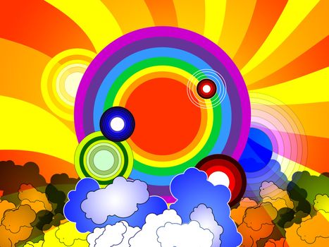 Colorful background with rainbow, sun beams, clouds and circles