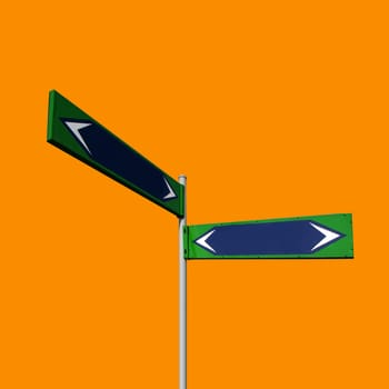 Blue direction signs isolated on orange background with working path