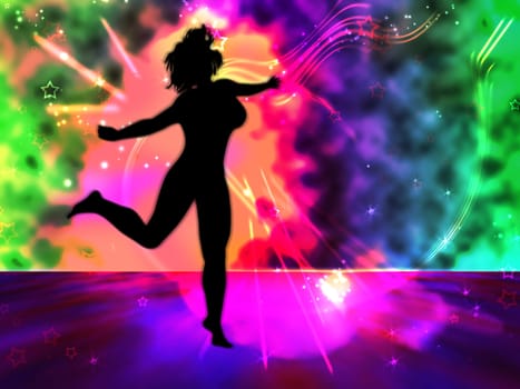 Dancing woman silhouette on colored disco background