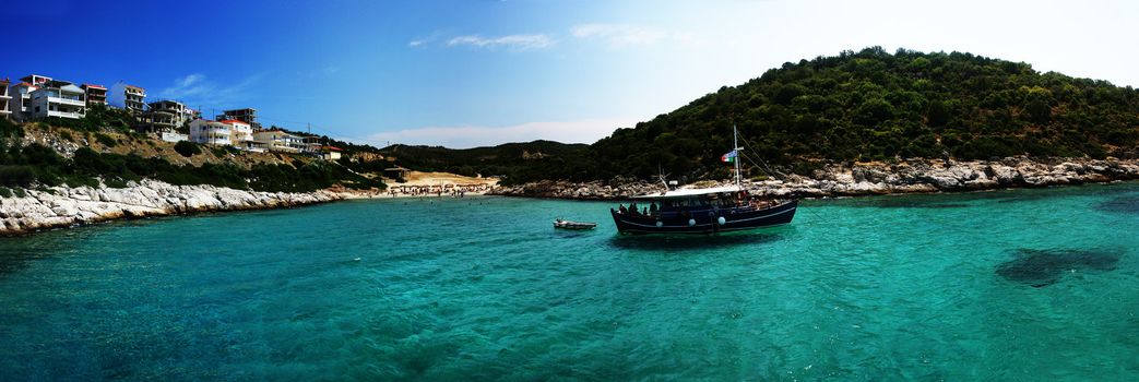 Landscape with sea bay and ship, Thassos Island, Greece