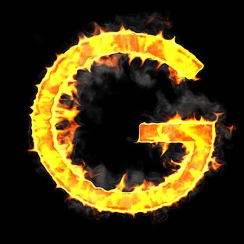 Burning and flame font G letter over black background