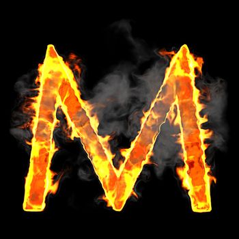 Burning and flame font M letter over black background