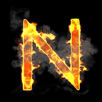 Burning and flame font N letter over black background