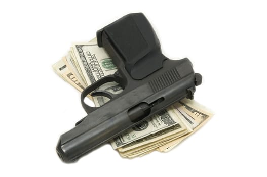 dollars and a gun on a white background