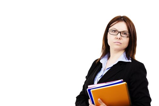 business woman holding pads of notepaper on white background