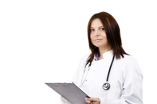 female doctor with a clipboard on white background