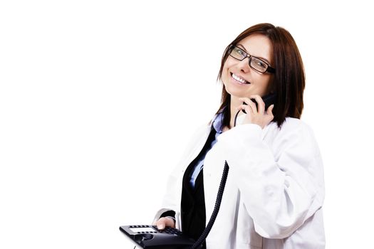 happy female doctor hanging on the phone on white background