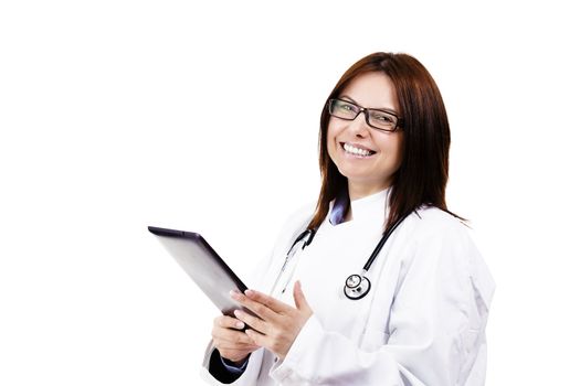 happy female doctor with a tablet pc on white background