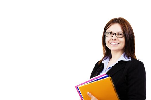 smiling business woman holding pads of notepaper on white background