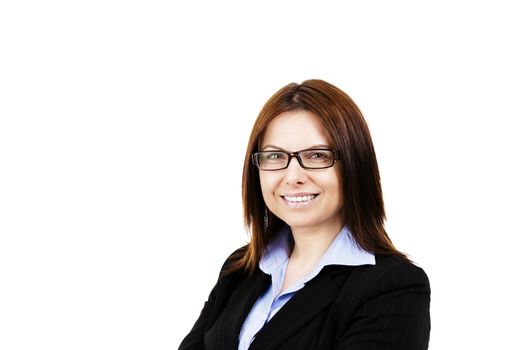 smiling business woman wearing glasses on white background