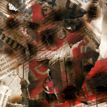 Broken burnt newspaper background print design. Dirty, grunge, black and white ashes and clippings. Damaged text.