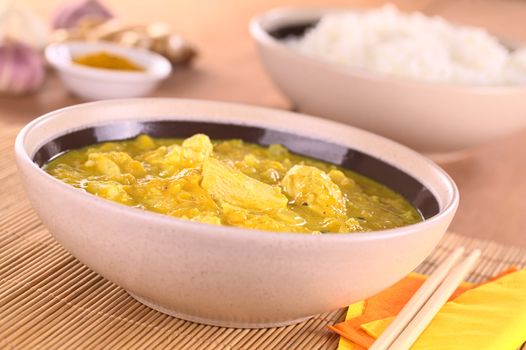 Chicken-mango curry with rice in the back (Selective Focus, Focus on the chicken piece in the front)