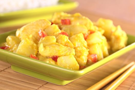 Chicken-mango curry with red bell pepper and potatoes (Selective Focus, Focus on the chicken piece in the front)