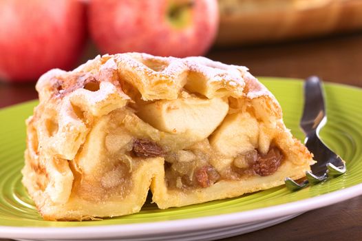 Apple strudel with raisins (Selective Focus, Focus on the left side of the apple-raisin stuffing)