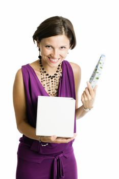 An image of a young woman with a white box