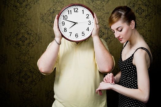 An image of a man with a clock and a woman