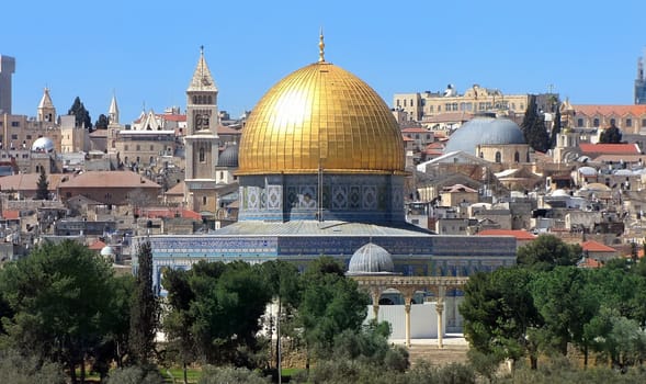 view of the golden Dome of the Rock of Al Aqsa Mosque from the Mount of Olives.Jerusalem, Israel