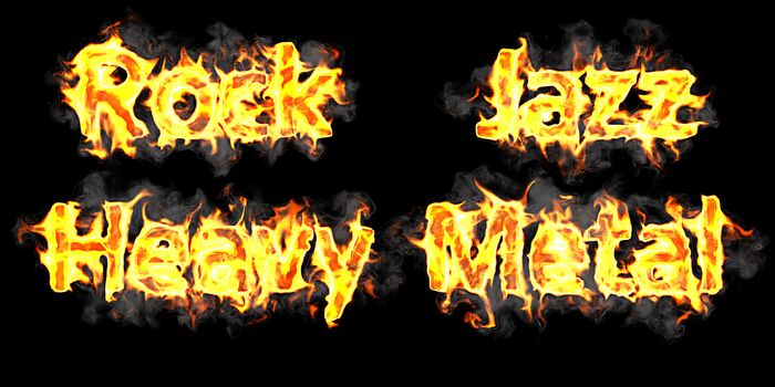 Rock, Jazz and Heavy metal flaming words over black