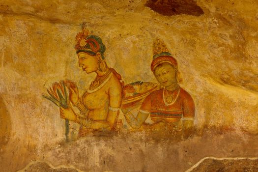 Ancient famous wall paintings (frescoes) at Sigirya, Sri Lanka