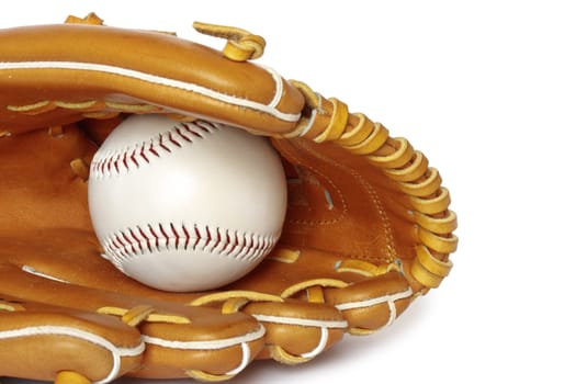 Baseball catcher mitt with ball isolated on white background close up