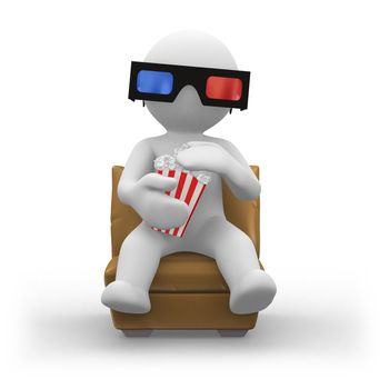 3d human wearing 3d glasses and eating popcorn