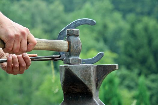 Blacksmith at work while changing a horseshoe