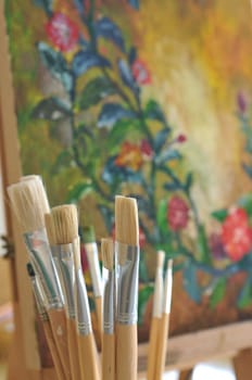 Painter's tools, set of different art brushes.